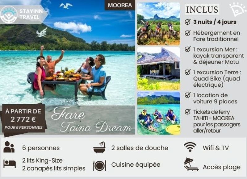 MOOREA FAMILY ÉCO FUN TOUR – 3 nuits / 4 jours pour 6 personnes – Hébergement, services et activités INCLUS