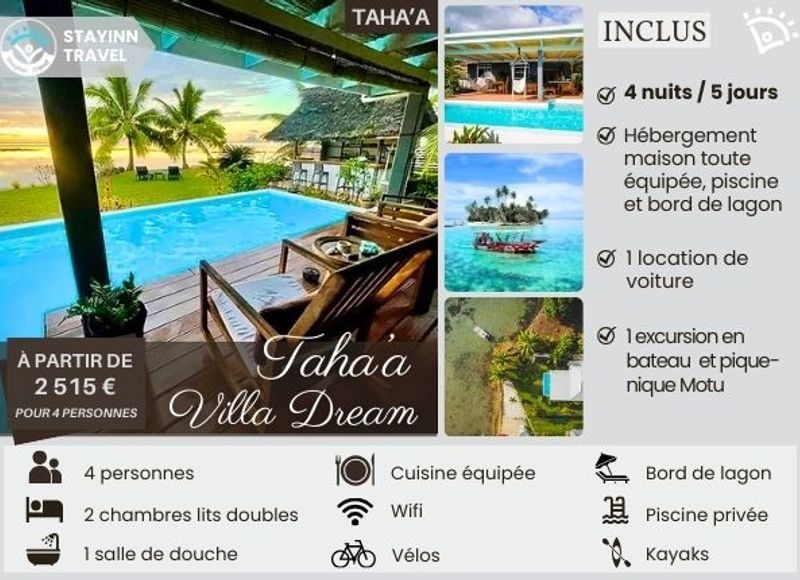 TAHA’A UNIQUE EXPERIENCE –  4 nuits / 5 jours pour 4 personnes  – Hébergement, services et activités INCLUS