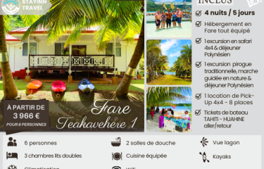 HUAHINE TE UTUAFARE TRIP – 4 nuits / 5 jours pour 6 personnes – Hébergement, services et activités INCLUS