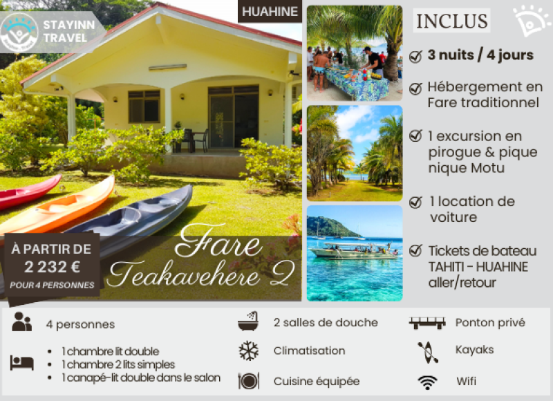 HUAHINE TEAKA TIPANIERS – 3 nuits / 4 jours pour 4 personnes – Hébergement, services et activités INCLUS