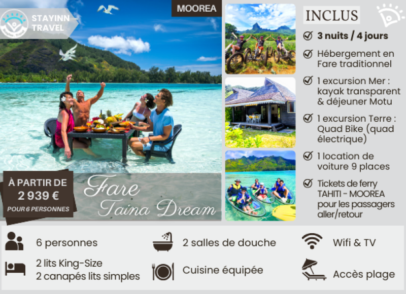 MOOREA FAMILY ÉCO FUN TOUR – 3 nuits / 4 jours pour 6 personnes – Hébergement, services et activités INCLUS